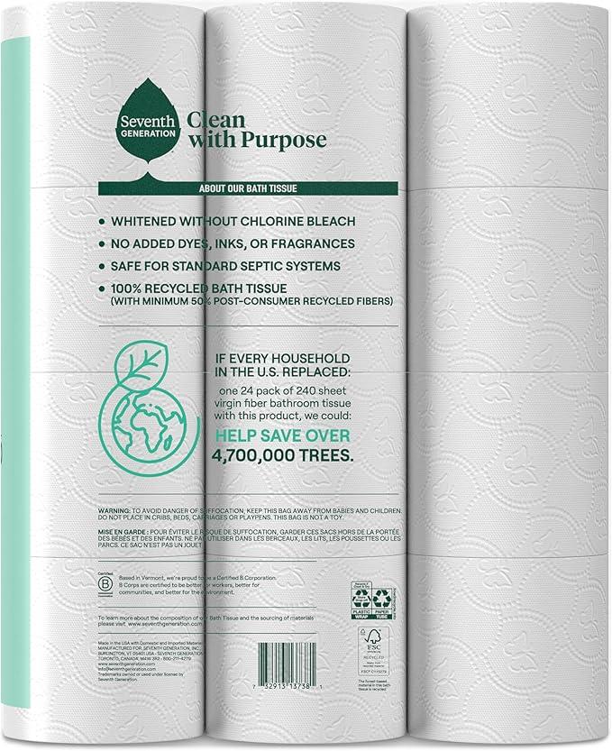 Seventh Generation Toilet Paper White Bathroom Tissue 2-ply 100% Recycled Paper without Chlorine Bleach 24 count, Pack of 2 - ModernBath
