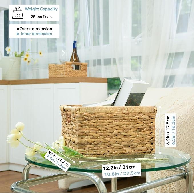 Natural Water Hyacinth storage basket with Handle, Rectangular Organizing Basket for Organizing, Decorative Wicker Storage Bins for Living Room, Medium Wicker Baskets - 3 Pack Medium - ModernBath