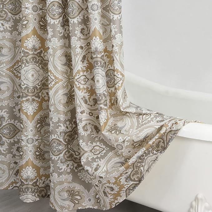 BESTRIPES Extra Long Fabric Shower Curtain, Beige Grey Blue Printed Boho Paisley Damask Pattern Shower Curtains for Bathroom, Waterproof Bathroom Curtains, 72" W x 84" H - ModernBath