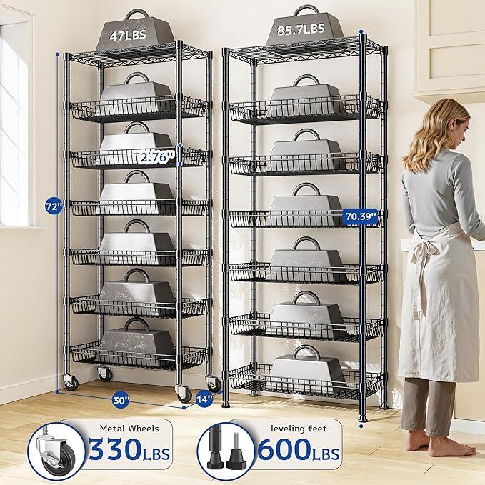 7 Tier Wire Shelving with Wheels 72" H Adjustable Basket Shelf Storage Shelves with Hooks for Kitchen Bathroom Pantry Shelves Closet Laundry Room Organization 72" H x 30" W x 14" D, Black - ModernBath