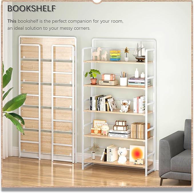 4NM No Assembly Extra Wide 5 Tiers Folding Bookshelf Storage Shelves Vintage Bookcase Standing Racks Study Organizer Home Office (Natural White) - ModernBath