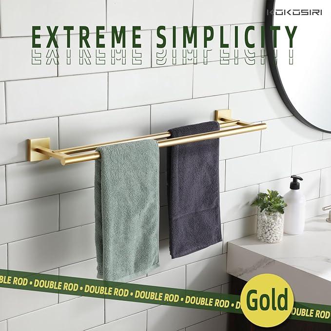 KOKOSIRI Bathroom Towel Bars Double Bath Towel Holders for Toilet Kitchen Cabinet Wall Mount 24 Inch Brushed Gold Stainless Steel B5005BG-L24 - ModernBath