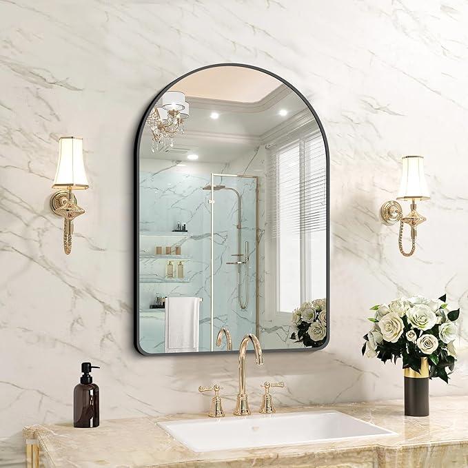 FORBATH Arched Bathroom Mirror 20x28 Inch, Bathroom Mirror Wall Mounted Modern Black Aluminum Alloy Frame Decor Dresser Mirror for Bedroom Living Room Entryway, Hanging or Leaning Against Wall - ModernBath
