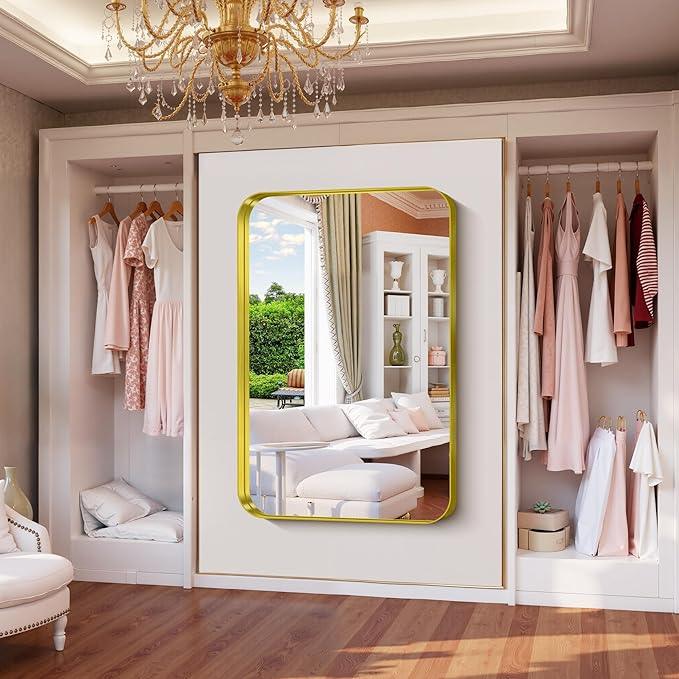 FORBATH 55x36 Inch Large Bathroom Mirror for Double Sinks, Brushed Gold Deep Frame Wall Mirror with Rounded Corners, Anti-Rust Tempered Glass for Modern Farmhouse Vanity (Horizontal/Vertical) - ModernBath
