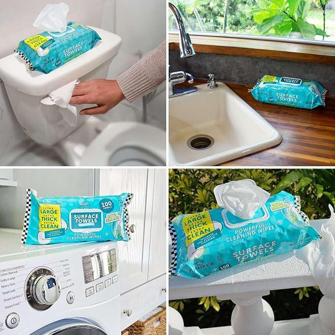 Juniper CLEAN Single Surface Wipes with Bleach, Thick & Large Dispose, All-Purpose Cleaner for Bathroom, Kitchen, Office, 100 Count Soft Flow, Biodegradable, Fresh Scent - ModernBath