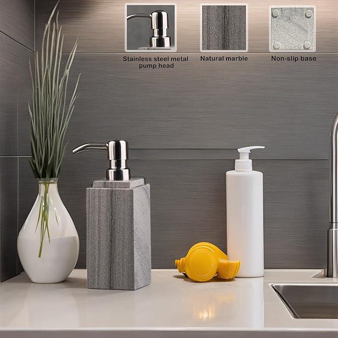 Hand Liquid&Lotion Soap Dispenser Pump Bottle Natural Marble for Kitchen Bathroom Countertop Laundry Room Holds Dish Soap Shampoo Laundry Liquid Shower Gel (Grey Sand) - ModernBath