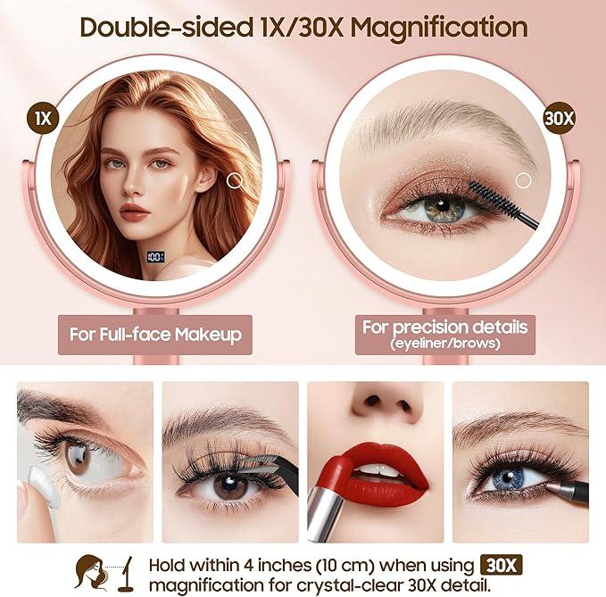 GOMIPURU Makeup Magnifying Mirror with Light 30X/1X, Digital Display, 2-Sided Touch Control, Makeup Mirror with 3 Color Lights,360° Rotate, Height Adjustable Lighted Magnifying Mirrors for Desk Travel - ModernBath
