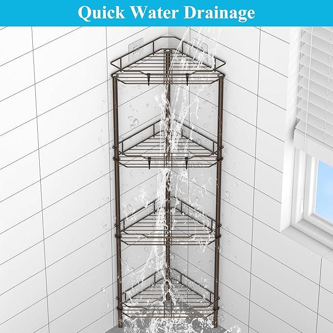 4 Tier Floor Standing Corner Shower Caddy Organizer Shelf with Hooks, Bathroom Shelves Stand Rack, Bronze - ModernBath