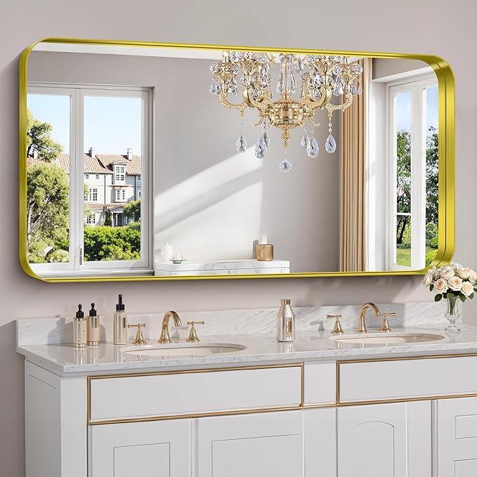 FORBATH 60x30 Inch Large Bathroom Mirror for Double Sinks, Brushed Gold Deep Frame Wall Mirror with Rounded Corners, Anti-Rust Tempered Glass for Modern Farmhouse Vanity (Horizontal/Vertical) - ModernBath