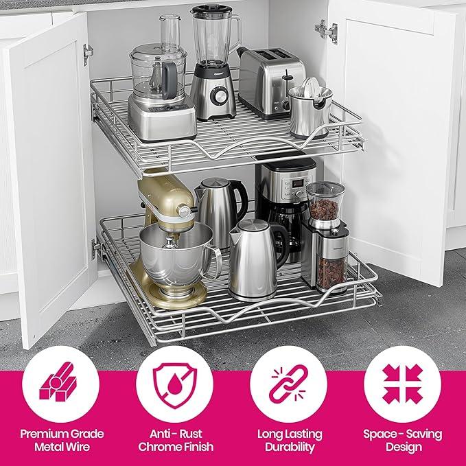 HOLDN’ STORAGE Two Tier Pull Out Cabinet Organizer, Individual Sliding Drawers - Heavy Duty Metal with Lifetime Limited Warranty - Anti Rust Chrome Finish - 20" W x 21”D x 16.5" H - ModernBath