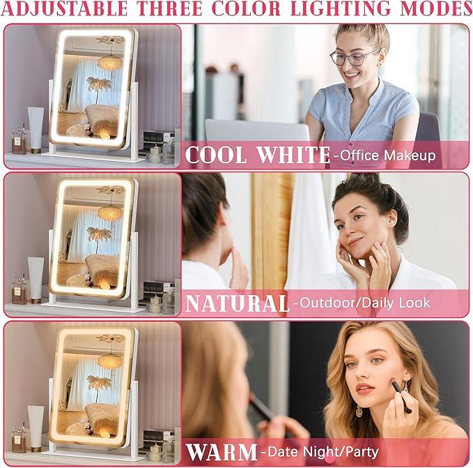 ROLOVE Vanity Mirror with Lights, 12.6"×15" LED Makeup Mirror, Lighted Makeup Mirror with Lights, Smart Touch Control Dimmable 3 Modes Light, Lighted Up Mirror for Makeup Desk, Bedroom, Dressing Room - ModernBath