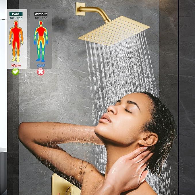Heyalan 8 Inch Shower Head and Handle Set Square Shower Faucet Set Bathroom Rainfall Shower Faucet Set Stainless Steel Showerhead Single Function Shower Trim Kit,Male Thread Valve,Brushed Gold - ModernBath