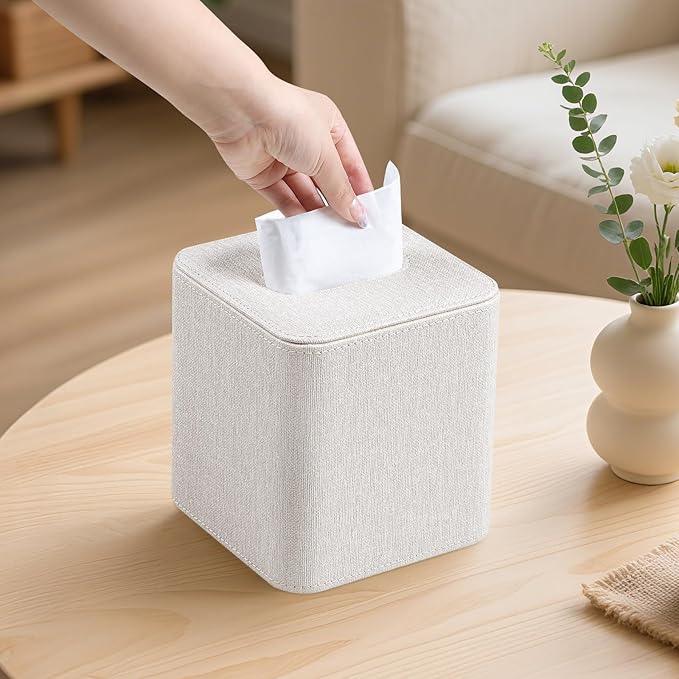 Cretkhp Square Linen Tissue Box Cover with Magnetic Closure, Modern PU Leather Tissue Box Holder for Bathroom Vanity NightStands Bedroom Office Desk, Stylish Cube Tissue Holder - ModernBath