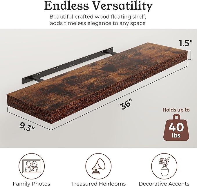 Floating Shelves for Wall, Wall Mounted Rustic Wood Shelves for Bathroom, Bedroom, Living Room, Kitchen, Hanging Shelf for Books/Storage/Room Decor (Brown, 36") - ModernBath