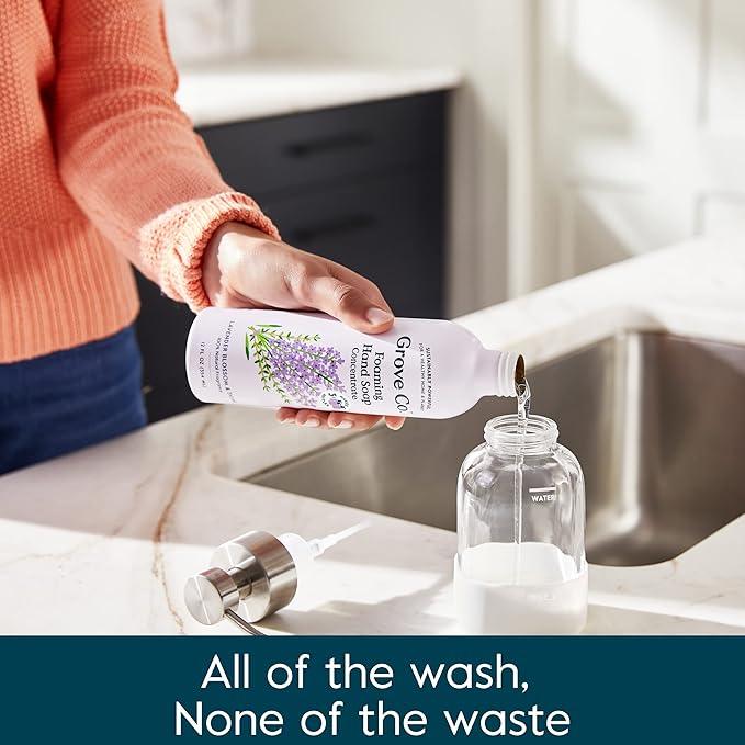 Grove Co. Foaming Hand Soap Concentrate (12 Fl Oz) + Reusable Glass Soap Dispenser, Plastic-Free Liquid Refillable Starter Kit, Natural Lavender Blossom & Thyme Fragrance - ModernBath