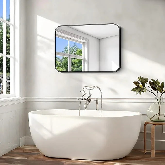 CIVENO Black Bathroom Mirror, 28x42 inch Aluminum Metal Frame Rectangular Vanity Mirror, Wall Mounted Rectangle Mirrors with Rounded Corner for Bedroom Living Room Hangs Horizontal Or Vertical - ModernBath