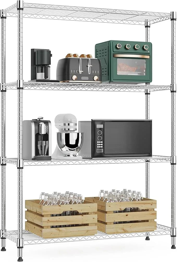 1000 lbs 4Tier Shelf Metal Storage Shelves Wire Rack Closet Organizers with Wheel for Garage Kitchen Bathroom Laundry Chrome 13.7" D x 29.5" W x 47.2" H - ModernBath