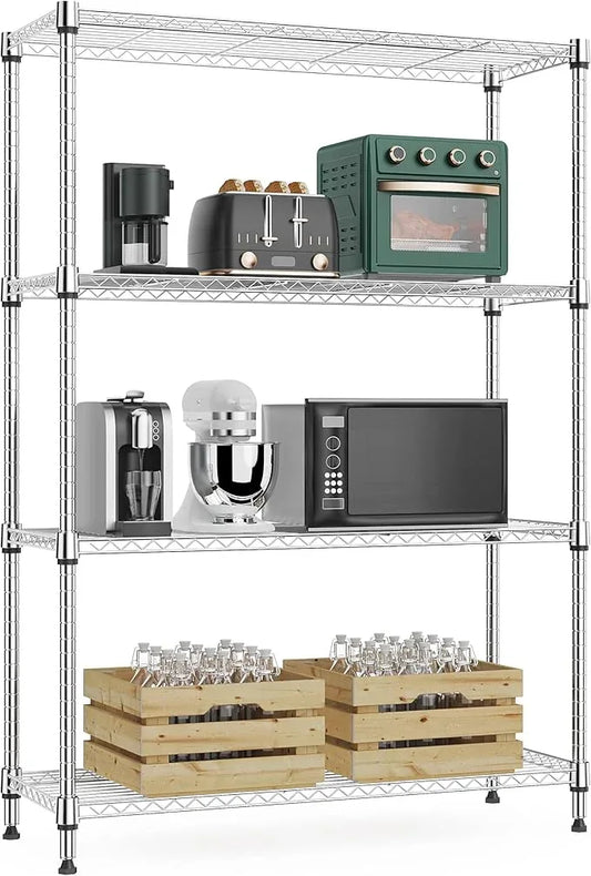 1000 lbs 4Tier Shelf Metal Storage Shelves Wire Rack Closet Organizers with Wheel for Garage Kitchen Bathroom Laundry Chrome 13.7" D x 29.5" W x 47.2" H - ModernBath