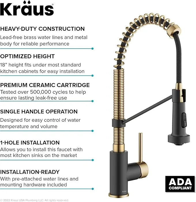 KRAUS Bolden Commercial Style 2-Function Single Handle Pull Down Kitchen Faucet in Brushed Brass/Matte Black, KPF-1610BBMB - ModernBath