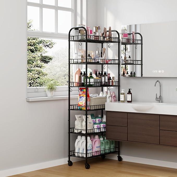 6 Tier Slim Storage Cart with Wheels, Metal Mobile Shelving Unit Organizer Utility Cart for Office Bathroom Kitchen Laundry Room Narrow Places (10inches) - ModernBath