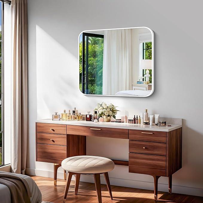 BONEWEI White Bathroom Mirror,30x36 inch Wall Mirror for Bathroom Wall Mounted,Rectangle Mirror for Bathroom Over Sink,Modern Frame Round Corner for Living Room,Bedroom Entryway,Horizontal/Vertical - ModernBath