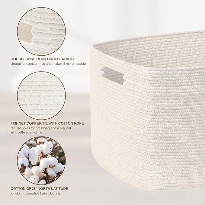 86L Large Baby Girls Laundry Basket for Nursery Storage,Cute Woven cotton Rope Baskets for Kids Toy，Gifts, Boho Square Wicker Blanket hamper for Living Room,Bedroom Dirty Clothes, White - ModernBath