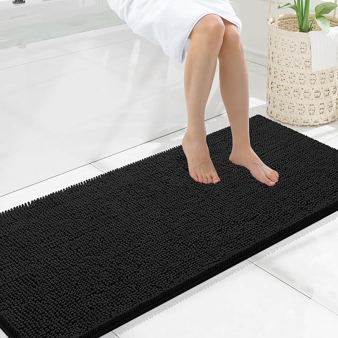 Smiry Luxury Chenille Bathroom Rugs 59x20, Extra Soft and Absorbent Shaggy Bath Mat, Machine Washable, Non-Slip Plush Carpet Runner for Tub, Shower, and Floor, Home Decor Accessories, Black - ModernBath
