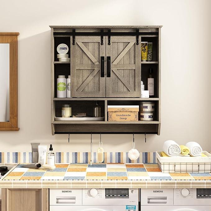 RUSTOWN Farmhouse Bathroom Wall Cabinet,3-Tier Rustic Wood Wall Mounted Cabinets,Vintage Medicine Cabinet with Sliding Barn Door and Adjustable Shelves,Over The Toilet Storage Cabinet (Washed Oak) - ModernBath