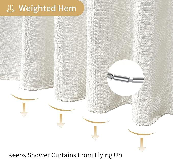 Lameirose Extra Long White Shower Curtain Boho, Cotton Blend Waffle Weave Stripe Textured Shower Curtain, Fabric Shower Curtains for Bathroom, Hotel,72 x 78 - ModernBath