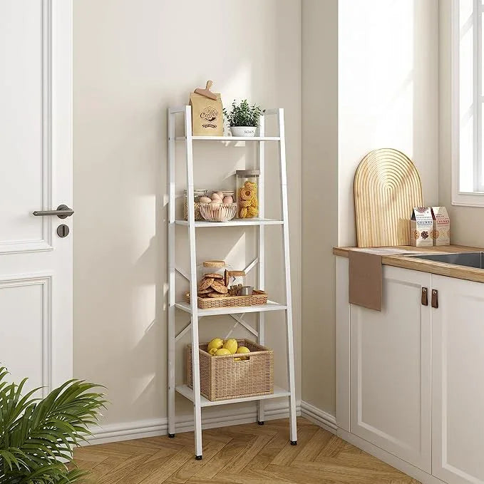 Hoctieon 4-Tier Industrial Ladder Bookshelf, Narrow Ladder Shelf, Tall Standing Bookshelf, Skinny Open Ladder Shelf, for Living Room, Home Office, Kitchen, Bedroom, Metal Frame, White - ModernBath