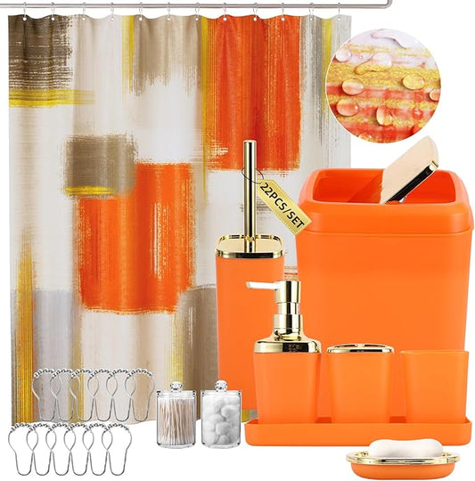 XLHOMO Orange Bathroom Accessories Set, Bathroom Sets with Shower Curtain, Orange Bathroom Accessories with Trash Can, Soap Dispenser, Soap Dish, Toilet Brush Holder, Qtip Holders for Bathroom