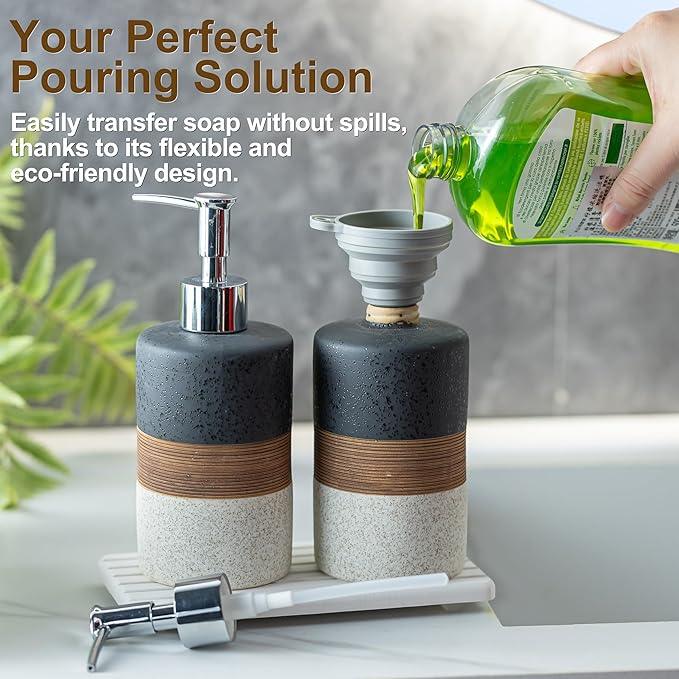 Cormomu Ceramic Dish Soap Dispensers Set(2 Pack), Hand, Dish, Shower Soap Dispenser for Kitchen Sink & Bathroom, Includes Stainless Steel Pump, Silicone Funnel & Diatomaceous Holder, Black - ModernBath