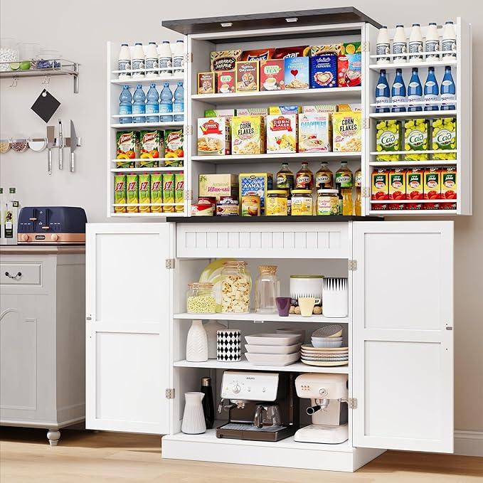 72" Tall Storage Cabinet, White Farmhouse Pantry Cabinet, 31.5" Wide Freestanding Storage Cabinet with 4 Adjustable Shelves, Hidden Drawer & Rustic Wood Finish for Kitchen, Dining Room, or Entryway - ModernBath