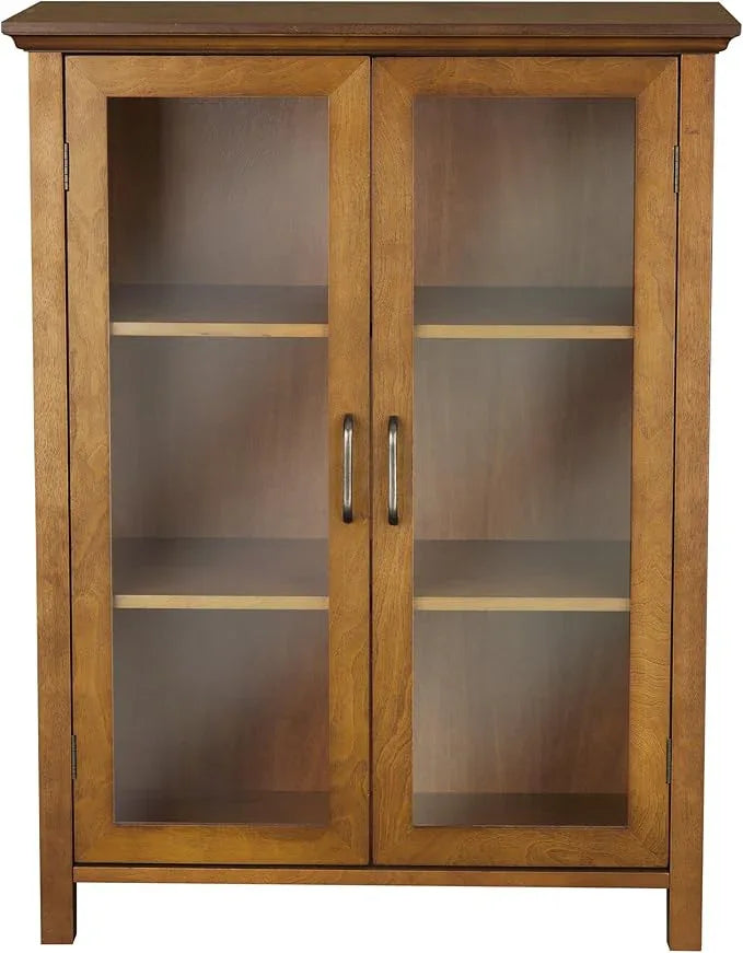Teamson Home Avery Wooden Freestanding Floor Cabinet with 2 Adjustable Shelves 3 Storage Spaces 2 Glass Paneled Doors and 2 Antique Brass Knobs, Oiled Oak - ModernBath