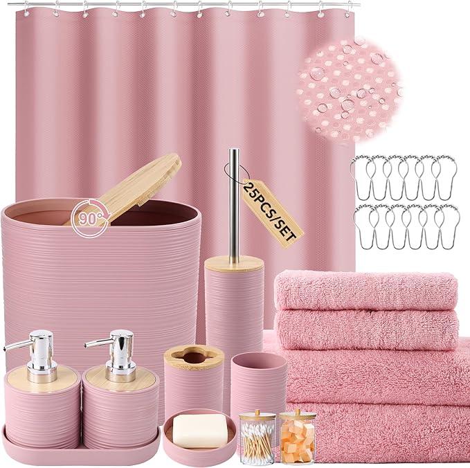 XLHOMO Pink Bathroom Accessories Set, Bathroom Sets with Shower Curtain, Bath Towel Set, Pink Shower Curtain Set with Bathroom Trash Can, Soap Dispenser, Soap Dish for Home Decor - ModernBath