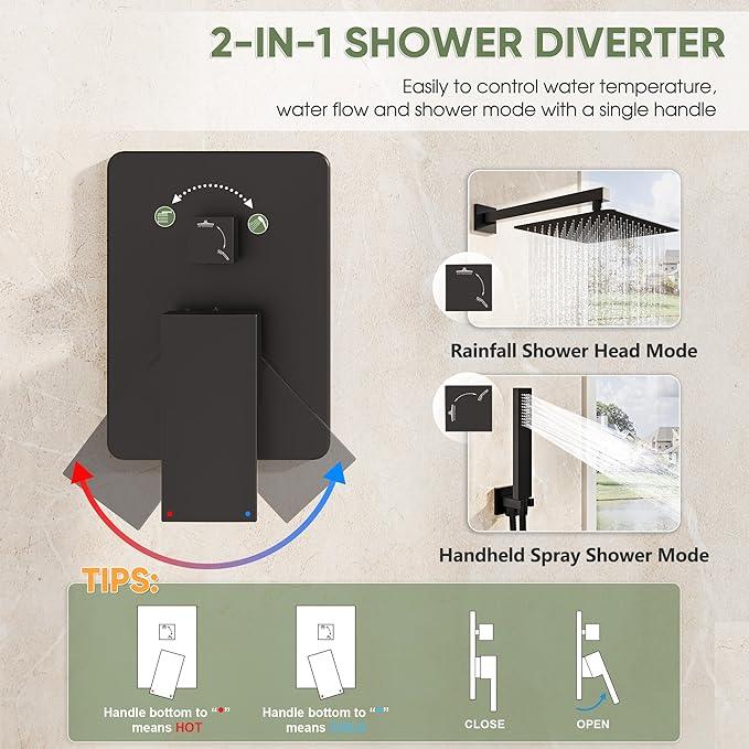 Kurpot Black Shower System, Wall Mounted Shower Faucet Set with Valve, 10-Inch Rainfall Shower Head with Handheld Combo Spray, 59'' Long Shower Hose and Shower Trim Kit, Matte Black - ModernBath