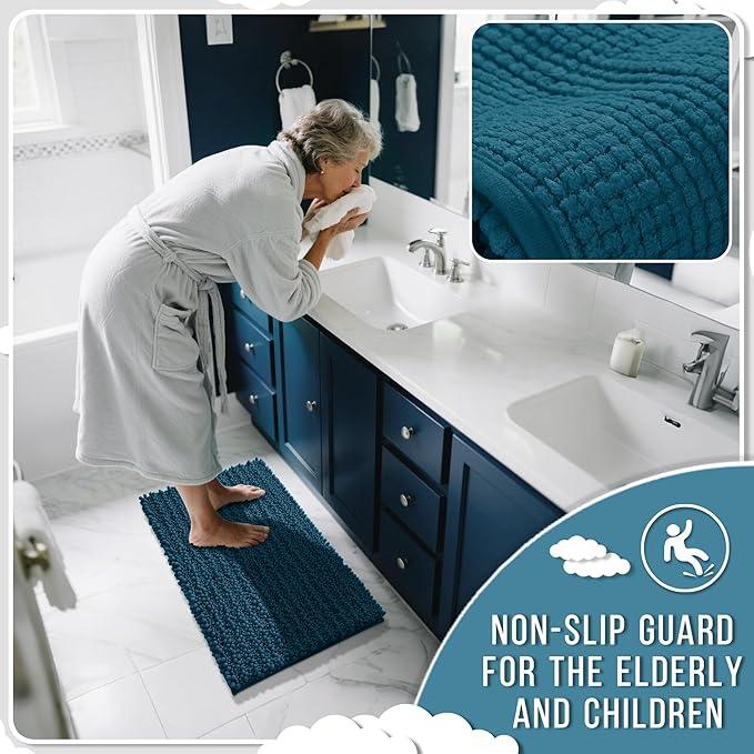 Yimobra Long Bathroom Rugs Non Slip Washable 44x24 Inch - Ultra Soft Absorbent Chenille Bath Mat, Quick Dry Shaggy Floor Carpet for Tub Shower, Peacock Blue Home Decor Accessories - ModernBath