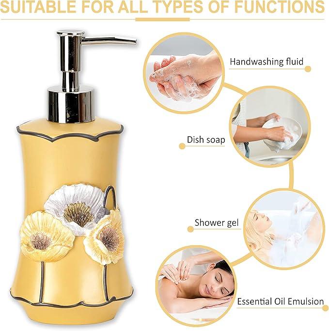 Zahari Home 4pc Poppy Fields Yellow Bathroom Accessories Set Hand Soap Dispenser, Tumbler, Tooth Brush Holder and Soap Dish Modern Contemporary Decor Complete Bathroom Sets with Shower Curtains - ModernBath