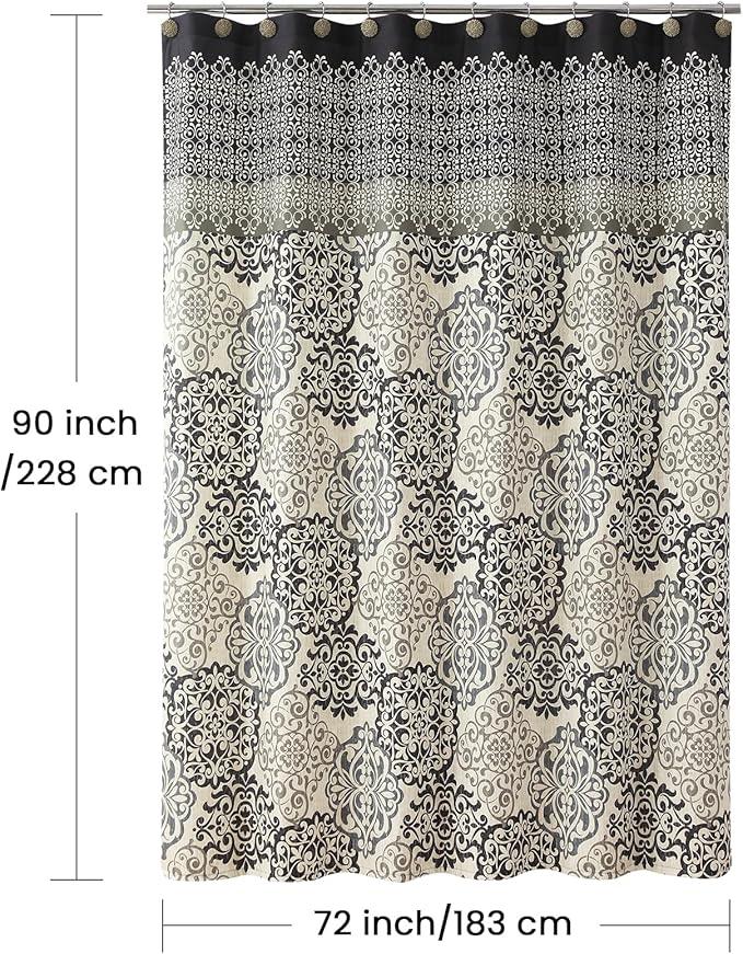 BESTRIPES 90 Inch Fabric Shower Curtain, Extra Long Black and Beige Boho Medallion Print Shower Curtains for Bathroom, 72" W x 90" H - ModernBath