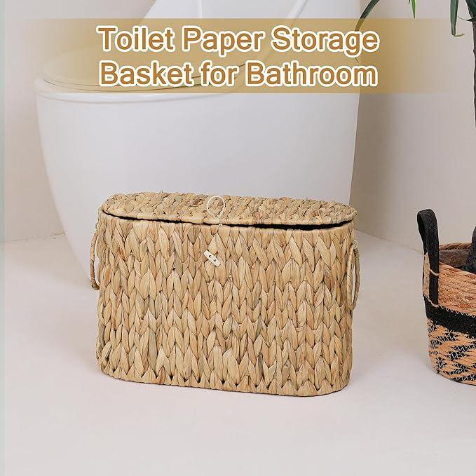 efluky Toilet Paper Storage Basket, Water Hyacinth Slim Toilet Paper Holder with Lid- Holds Up to 9 Mega Rolls, Home Bathroom Decor Organizer - ModernBath