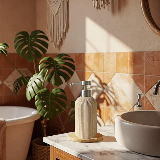 Lunestella Elegant Boho Beige Hand Soap Dispenser with Stainless Steel Pump, for Bathroom and Kitchen, Rust Proof, 7oz - ModernBath