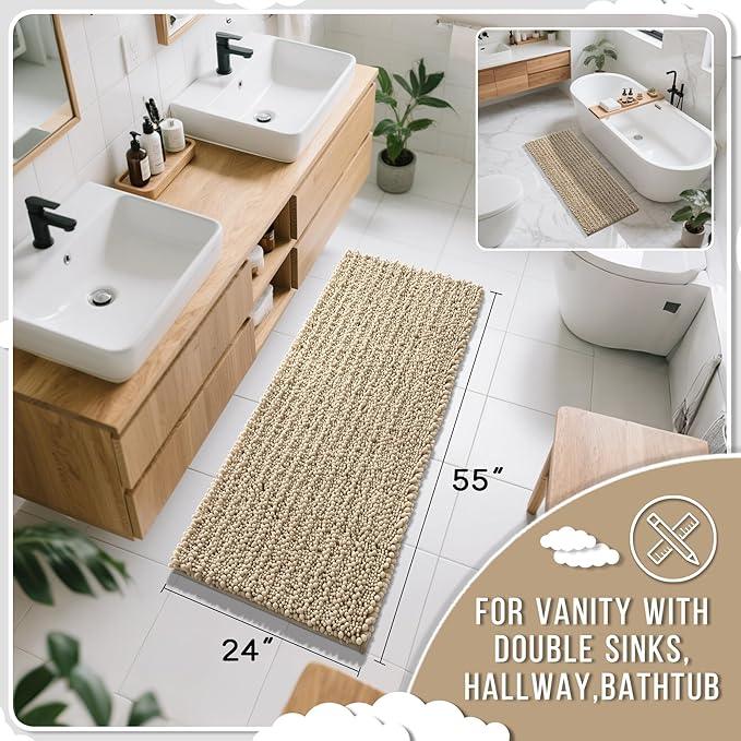 Yimobra Bathroom Runner Rug 55x24 Inch - Extra Long Non Slip Chenille Bath Mat, Soft & Absorbent, Machine Washable Shaggy Hallway Carpet for Vanity Tub Shower, Camel Home Decor Accessories - ModernBath