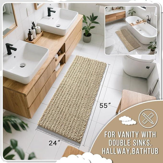 Yimobra Bathroom Runner Rug 55x24 Inch - Extra Long Non Slip Chenille Bath Mat, Soft & Absorbent, Machine Washable Shaggy Hallway Carpet for Vanity Tub Shower, Camel Home Decor Accessories - ModernBath