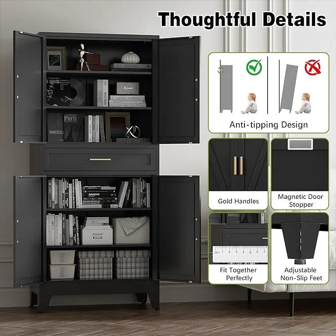 COFaR 71" Tall Metal Storage Cabinet with 4 Doors and 4 Adjustable Shelves, 6-Tier Farmhouse Storage Cabinet with Drawers and Legs, for Office, Home, Garage, Gym, School, Living Room, Hallway（Black） - ModernBath