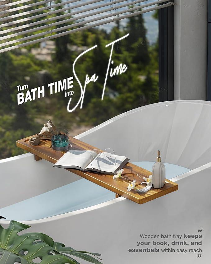 LotusSway Bathtub Tray, Acacia Bath Tray for Tub, 34.6''x9'' Wooden Bathtub Caddy Tray with Adjustable Legs Fit Various Bathtubs, Anti-Tipping, Sustainable Bath Table with Wine Glass and Tablet Holder - ModernBath