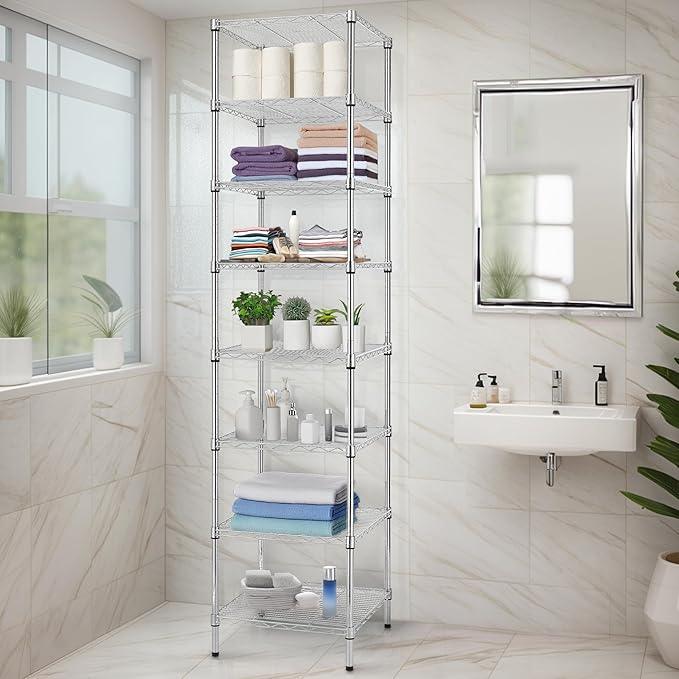 Finnhomy Heavy Duty 8 Tier Wire Shelving, 18x18x78.8 inches 8 Shelves Storage Rack with Thicken Steel Tube, Pantry Shelves for Storage, Adjustable Metal Shelving Unit, NSF Certified, Chrome - ModernBath