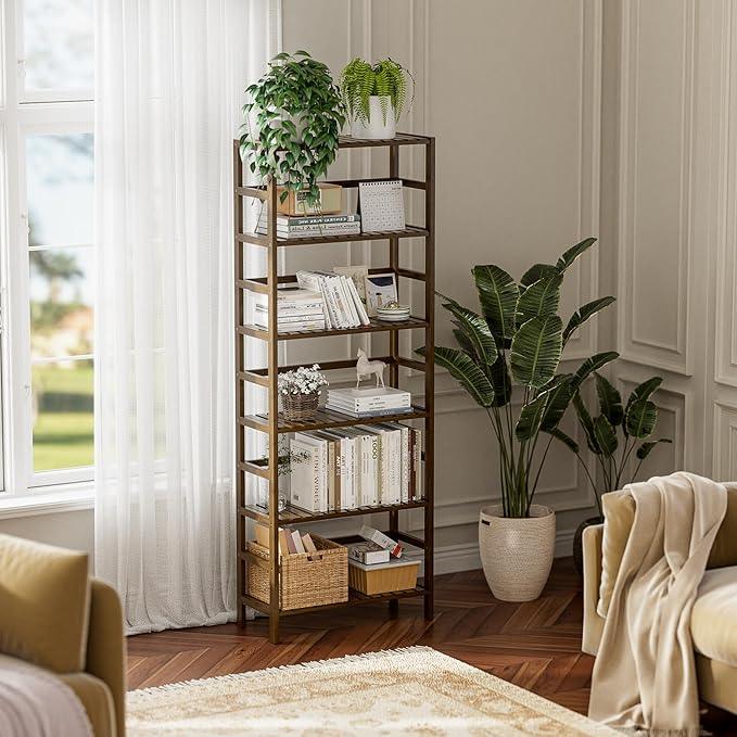 HITNET Bookcase, Bamboo Bookshelf, 6-Tier Adjustable Tall Open Book Shelf, Free Standing Storage Shelves Organizer, Flower Plant Display Stand, Walnut - ModernBath