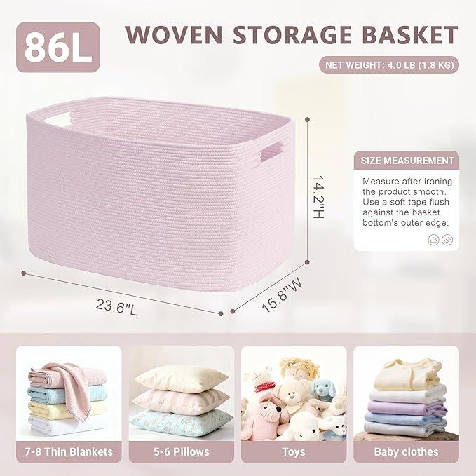 86L Large Baby Girls Laundry Basket for Nursery Storage,Cute Woven cotton Rope Baskets for Kids Toy，Gifts, Boho Square Wicker Blanket hamper for Living Room,Bedroom Dirty Clothes,Pink - ModernBath