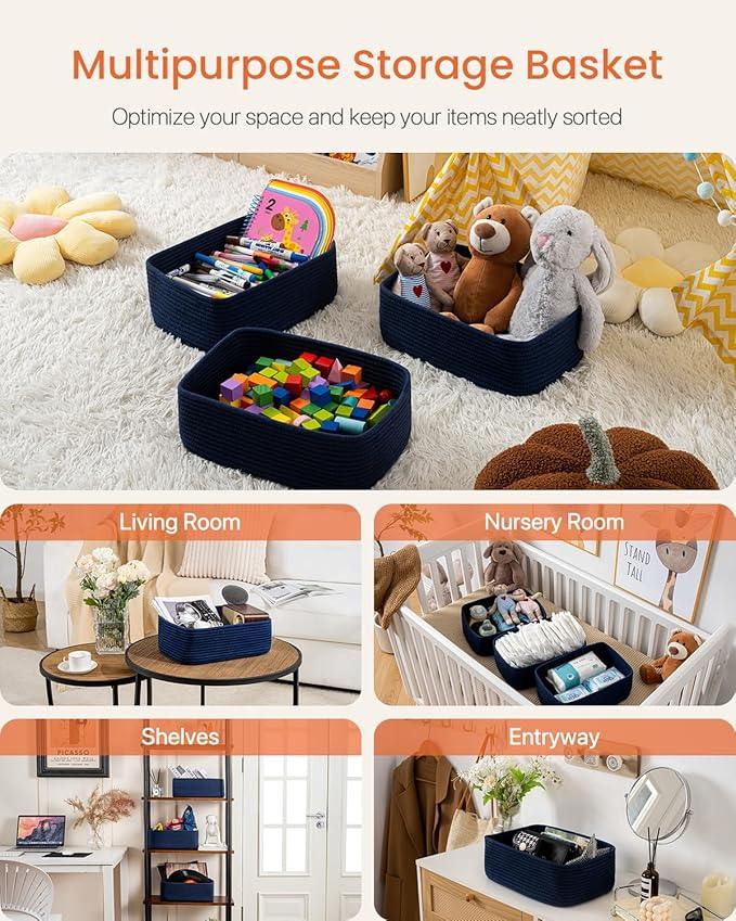 Small Woven Basket, 13.5 x 9.5 x 5 Inches, Storage Basket for Organizing, Cute Small Rope Shelf Closet Cube Storage Bins Baskets for Shelves, Dog Toy Gift Baskets Empty, 3 Packs, Navy Blue - ModernBath