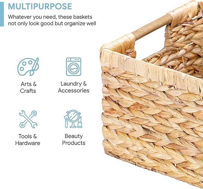 VATIMA Large Rectangular Wicker Basket with Wooden Handles for Shelves and Storage - Natural Water Hyacinth Basket for Organizing, 14.5 x 10.3 x 7.5 inches - ModernBath